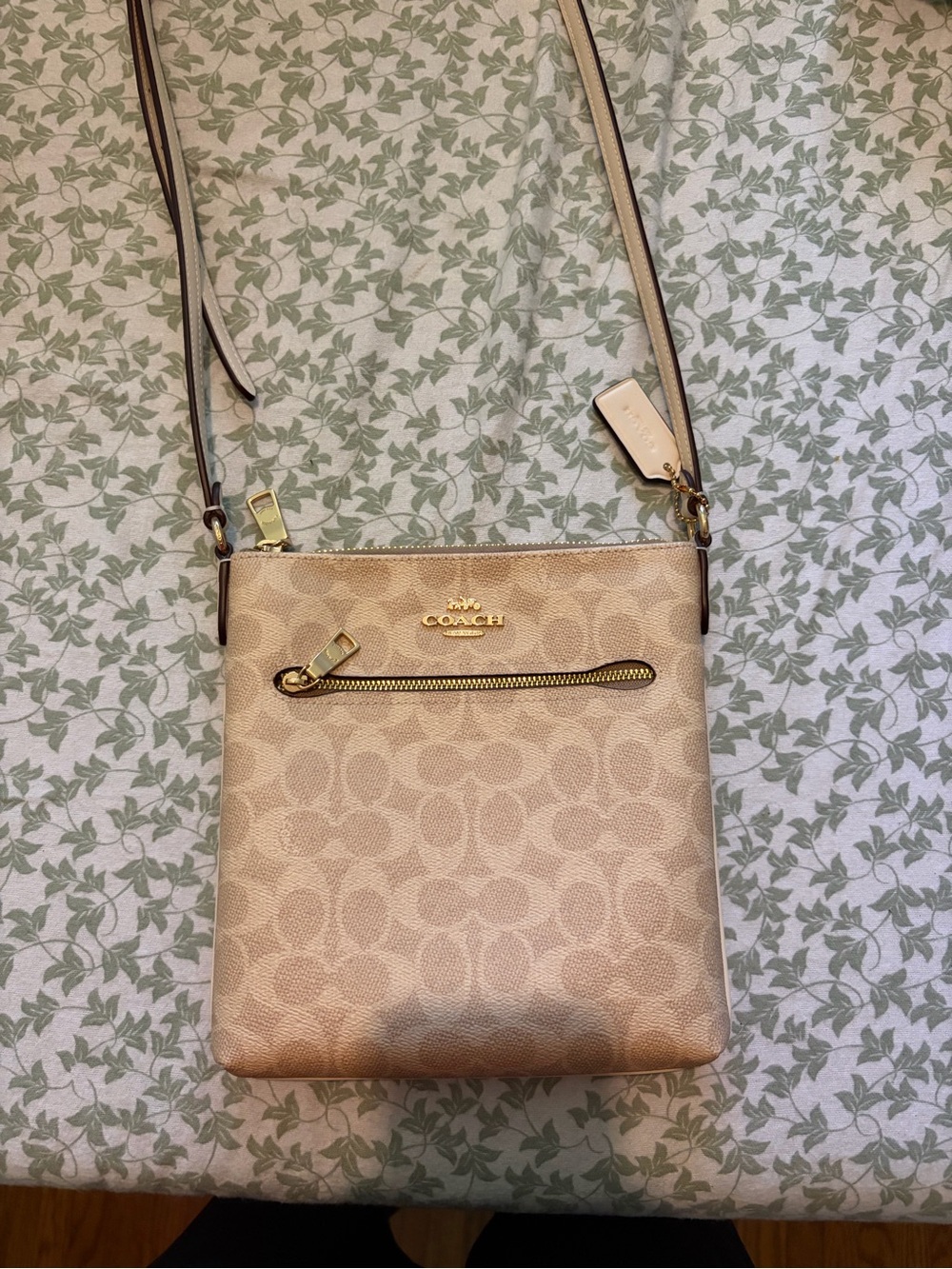 Coach Beige Signature Crossbody Bag with Gold Hardware